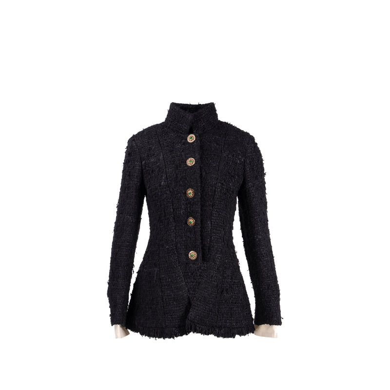 Chanel Size 40 Detail Button Jacket Tweed/Silk Black