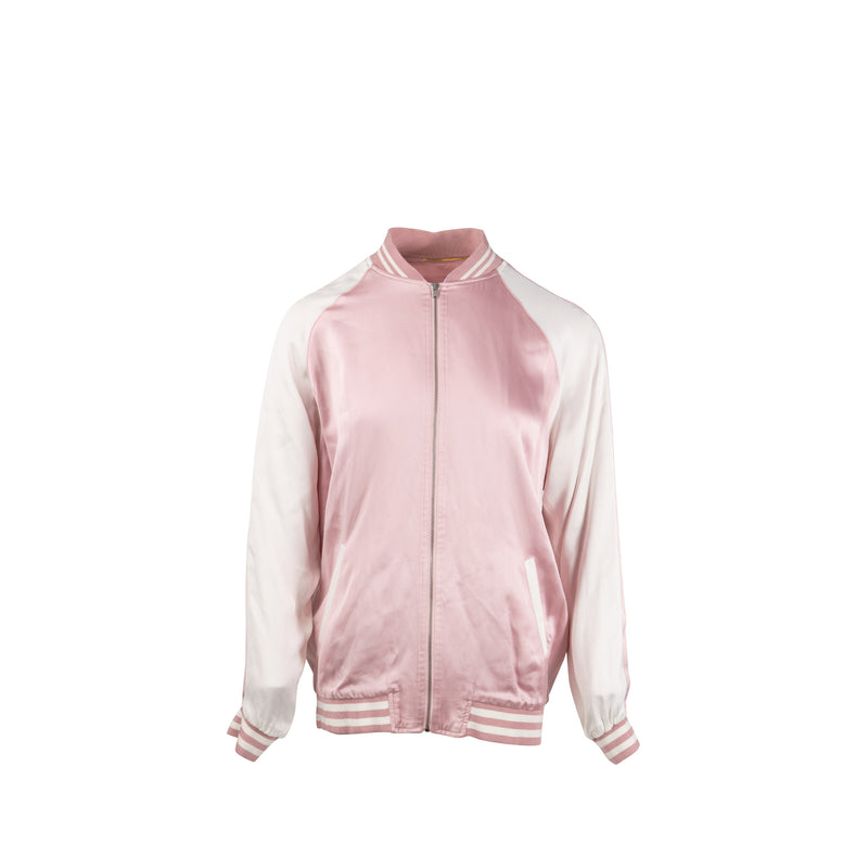 Saint Laurent Size 34 Satin Bomber Jacket Viscose Pink/White