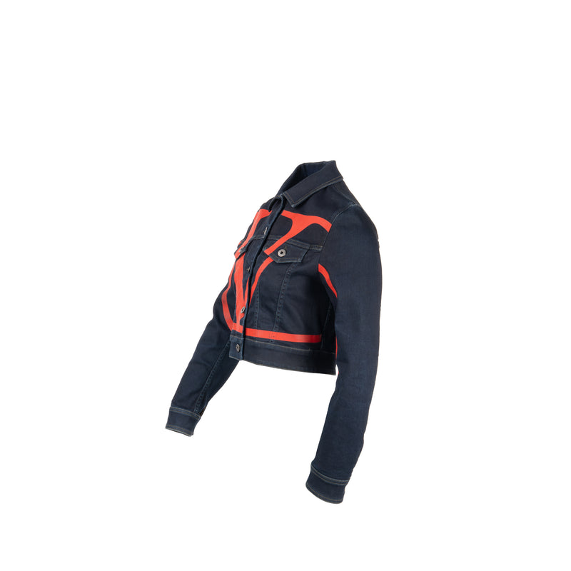 Valentino Size 38 V Logo Cropped Denim Jacket Dark Blue/Red