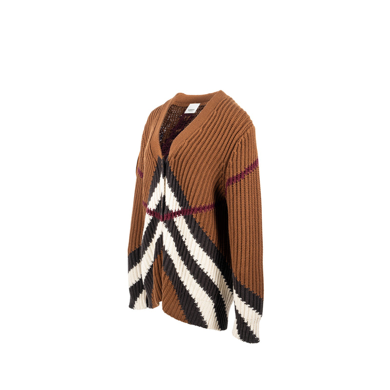 Burberry Size L Chevron Pattern Ribbed Cardigan Cashmere/Cotton Brown/Multicolour