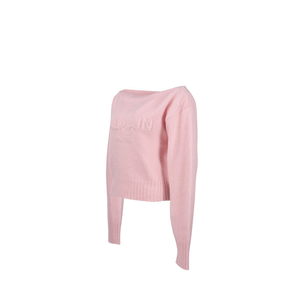 Balmain size 40 slash-neck long-sleeve jumper virgin wool / cashmere light pink