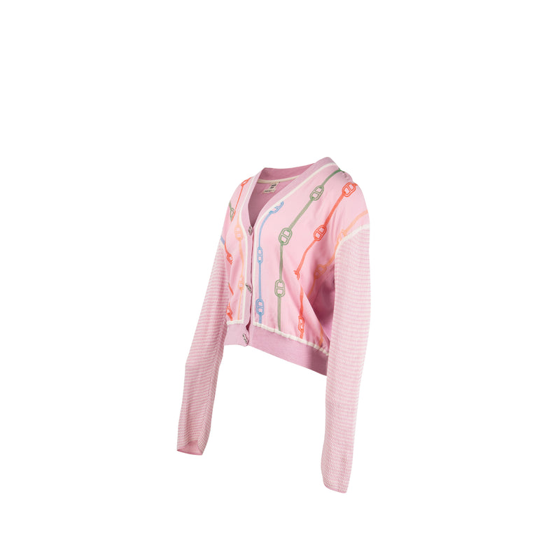 Hermes Size 38 Chaine d’Ancre embroidered long-sleeve twillaine cardigan Silk/Cotton Rose Clair SHW