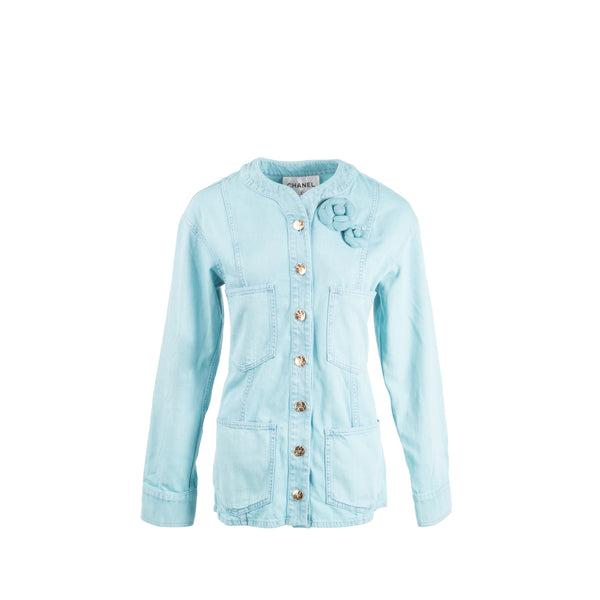 Chanel Size 34 Camellia COCO Button Denim Jacket Cotton Neon Blue