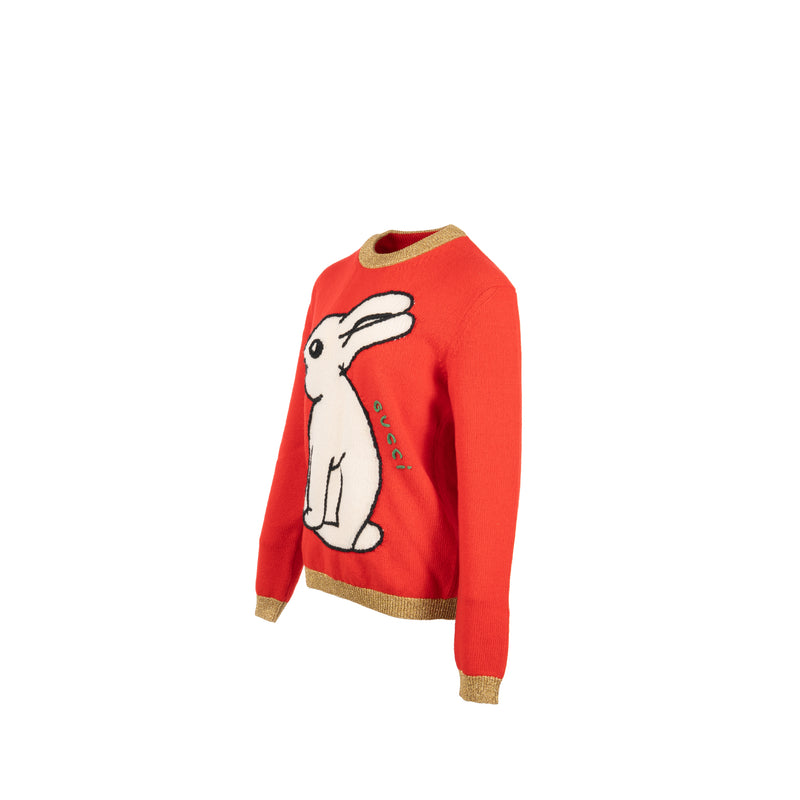 Gucci Size M Rabbit Embroidered Sweater Wool Red/Multicolour