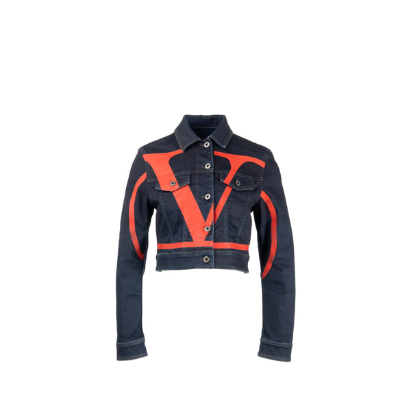 Valentino Size 38 V Logo Cropped Denim Jacket Dark Blue/Red
