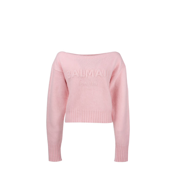 Balmain size 40 slash-neck long-sleeve jumper virgin wool / cashmere light pink