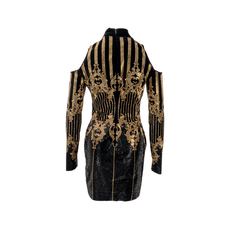 Balmain Size 38 Open Shoulder Velvet Dress Cotton/Elastan Black