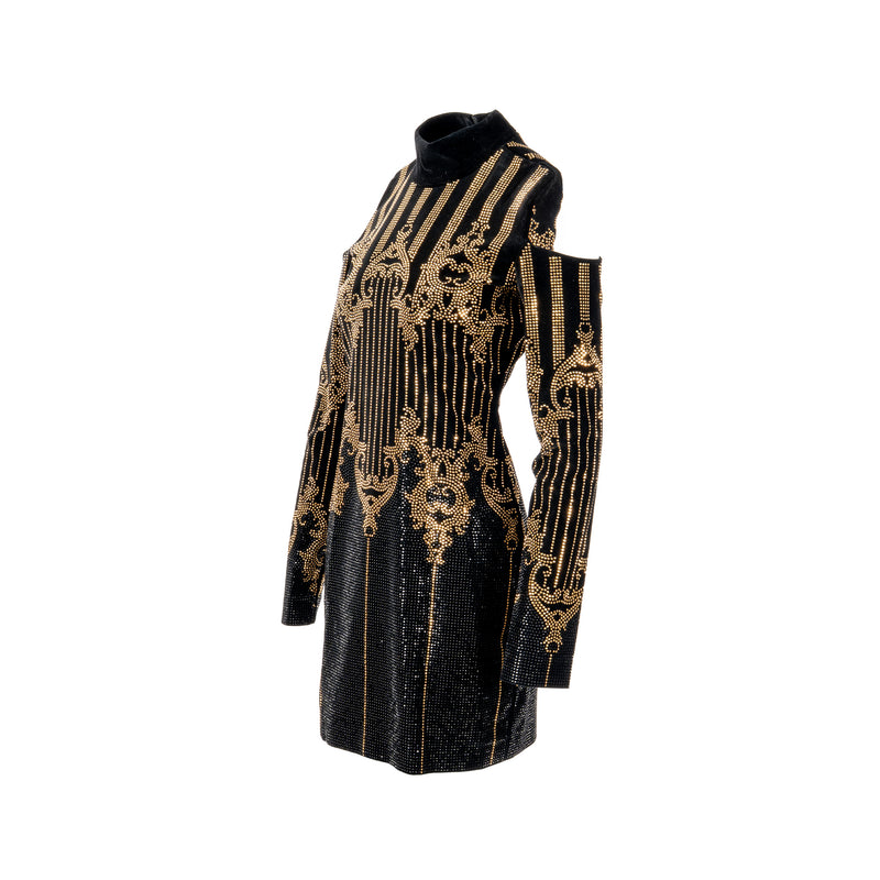 Balmain Size 38 Open Shoulder Velvet Dress Cotton/Elastan Black