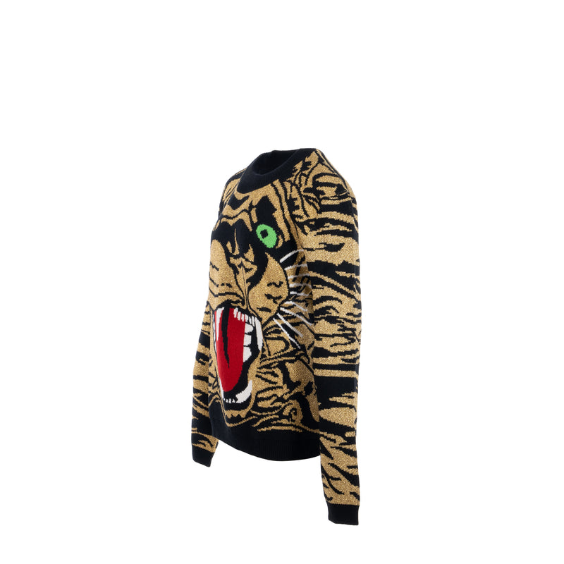 Gucci Size S Jacquard Tiger Sweater Wool/Metallised Fiber Gold/Black/Green