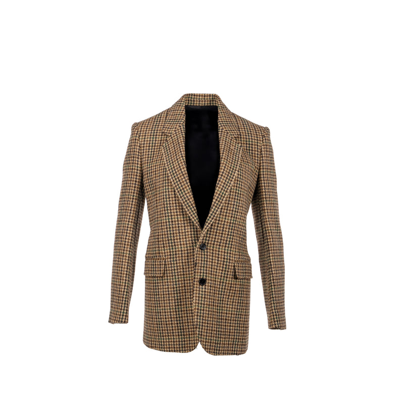 CELINE Size 34 Classic Jacket In Checked Wool Brown/Green Multicolour