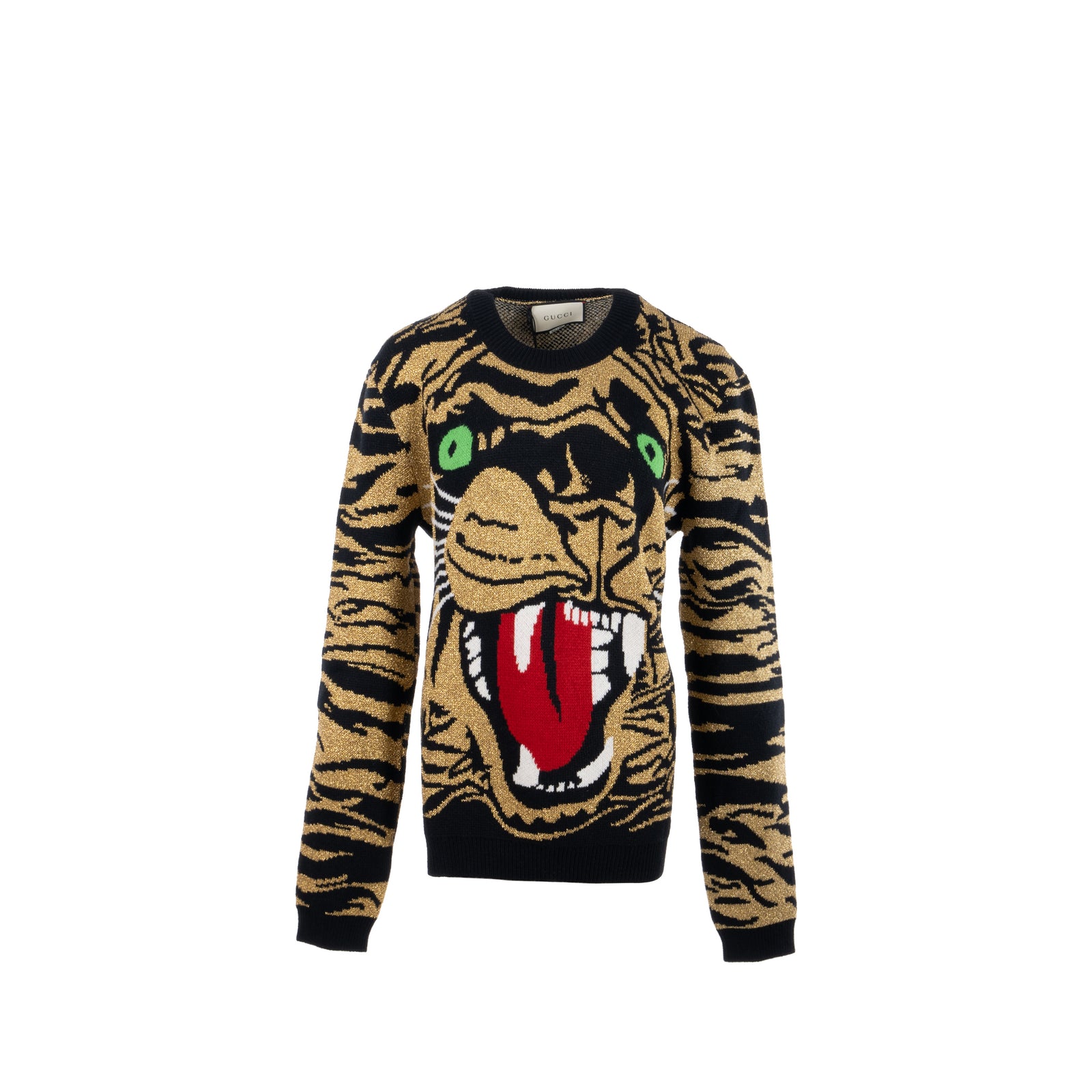 Gucci Size S Jacquard Tiger Sweater Wool Metallised Fiber Gold Black Green