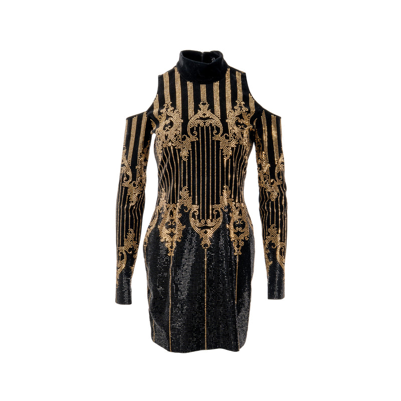 Balmain Size 38 Open Shoulder Velvet Dress Cotton/Elastan Black