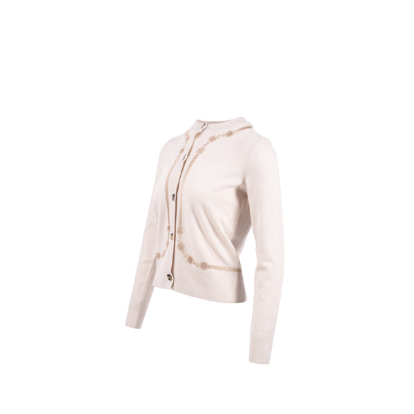 Hermes Size 34 Maille Tambours boutonne Cardigan Virgin Wool Blanc Pouos