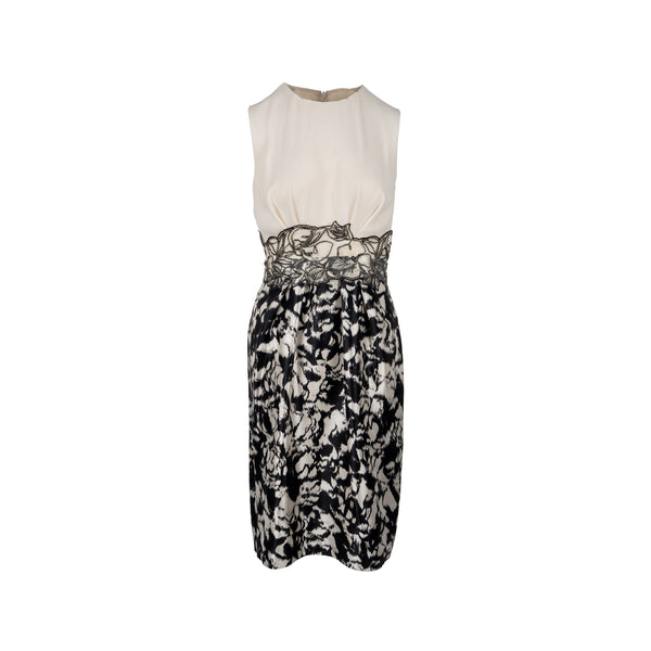 Max Mara Size 36 Embroidered Waist Detailed Sleeveless Sheath Dress Silk White/Black