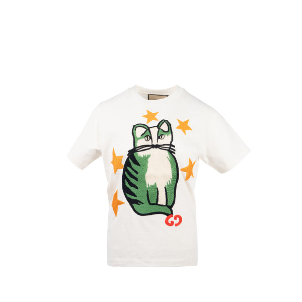 Gucci Size XS GG Logo/Cat/Star Embroidered T-shirt Cotton White/Multicolour