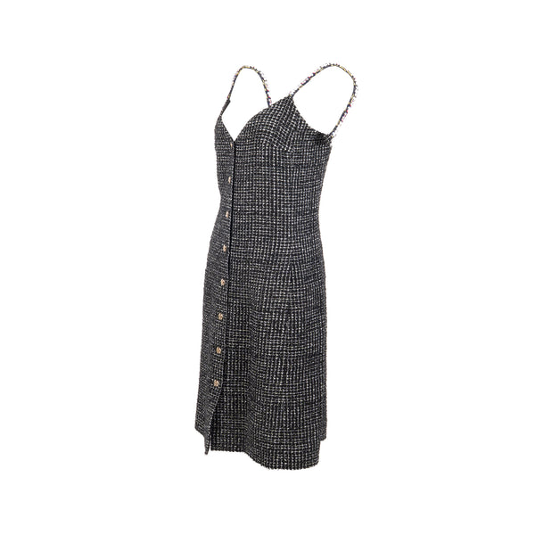 Chanel Size 36 21P Tweed Midi Dress Cotton/Polyester Black / White