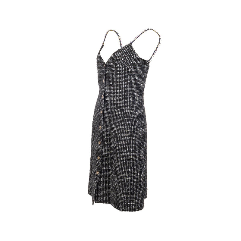 Chanel Size 36 21P Tweed Midi Dress Cotton/Polyester Black / White