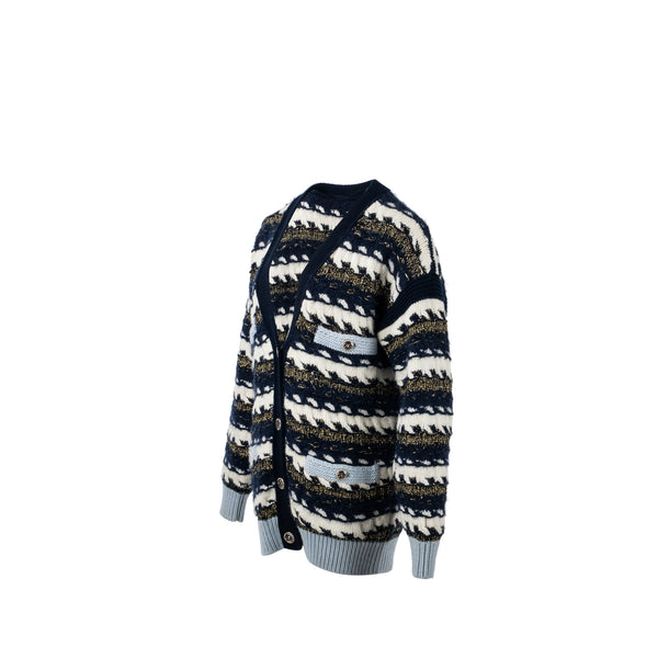 Chanel size 38 22B cardigan cashmere/ cotton / wool multicolour navy/ light blue/ white