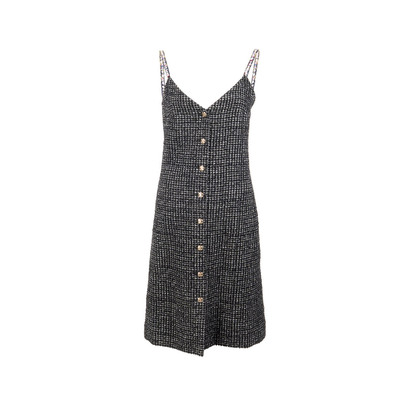 Chanel Size 36 21P Tweed Midi Dress Cotton/Polyester Black / White