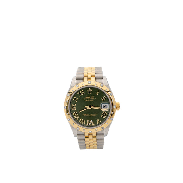 Rolex datejust 31mm oyster steel, yellow gold, diamonds olive-green dial jubilee bracelet model: 278343RBR-0016