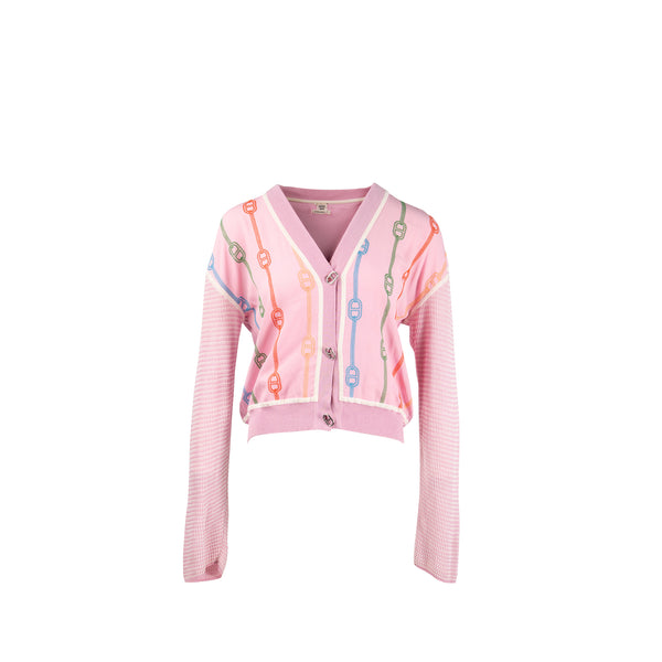 Hermes Size 38 Chaine d’Ancre embroidered long-sleeve twillaine cardigan Silk/Cotton Rose Clair SHW