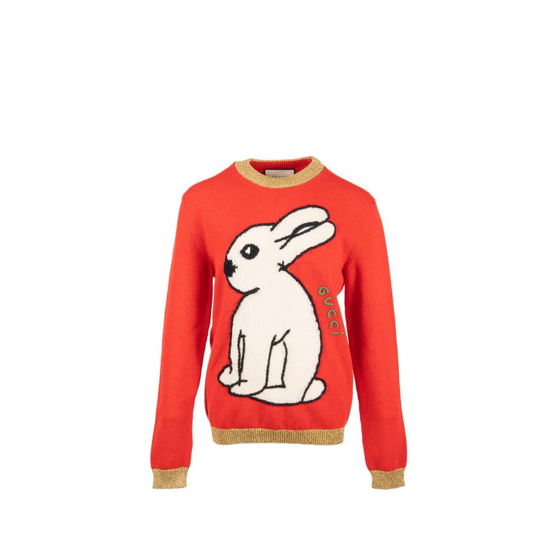 Gucci Size M Rabbit Embroidered Sweater Wool Red/Multicolour