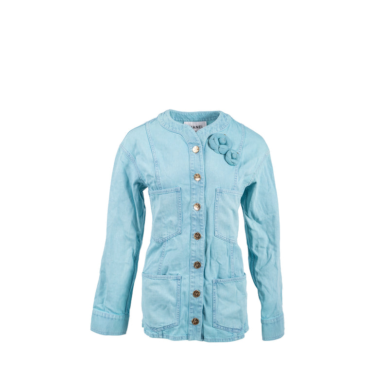 Chanel Size 34 Camellia COCO Button Denim Jacket Cotton Neon Blue