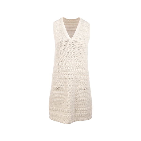 Chanel Size 36 21B Knit Sleeveless Mini Dress Wool Ecru / Silver