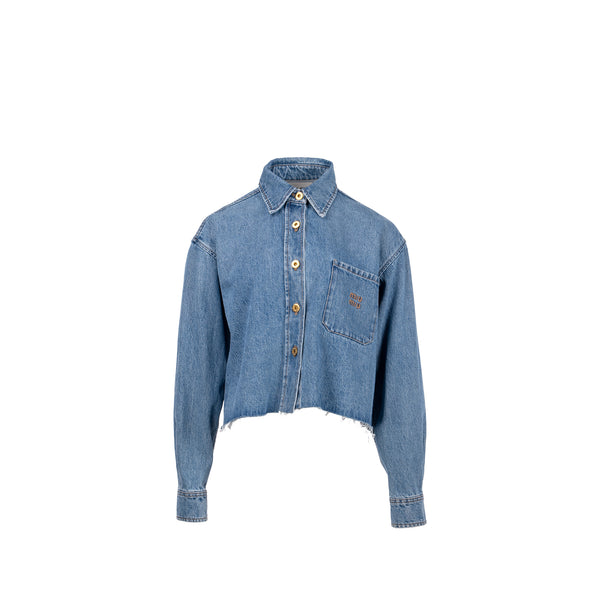 MIU MIU Size 38 Cropped Denim Shirt with Logo-embroidered Cotton Denim Blue