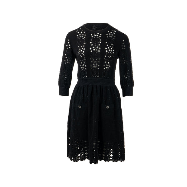 Chanel Size 38 20P Crochet Lace Knit CC Logo Dress Cotton Black