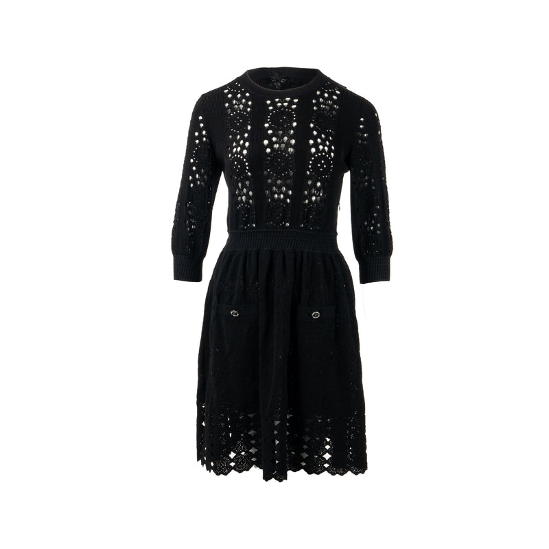 Chanel Size 38 20P Crochet Lace Knit CC Logo Dress Cotton Black Chanel Size 38 20P Crochet Lace Knit CC Logo Dress Cotton Black