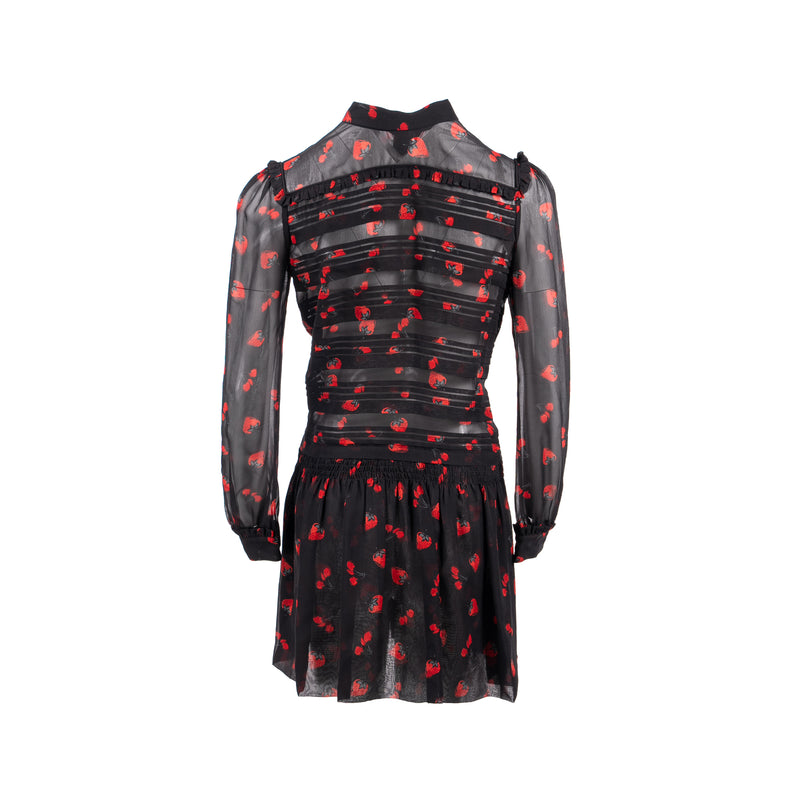 Miu Miu Size 40 Strawberry Rufle Knee Length Dress Silk /Polyester Black/Red