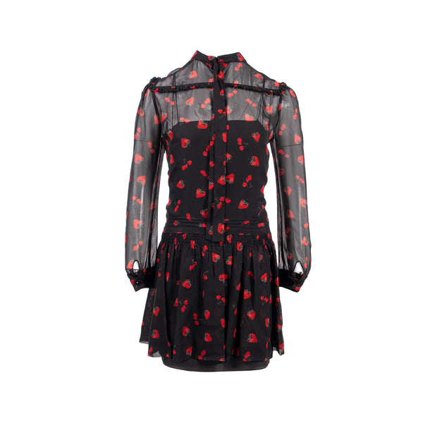 Miu Miu Size 40 Strawberry Rufle Knee Length Dress Silk /Polyester Black/Red