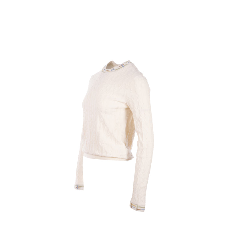 Hermes Size 38 Maile Torsades Top Cashmere/Silk White/Multicolour