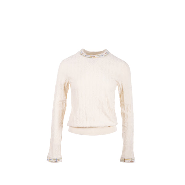 Hermes Size 38 Maile Torsades Top Cashmere/Silk White/Multicolour