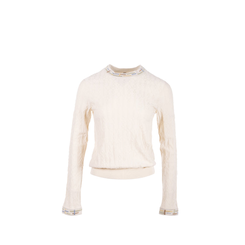 Hermes Size 38 Maile Torsades Top Cashmere/Silk White/Multicolour