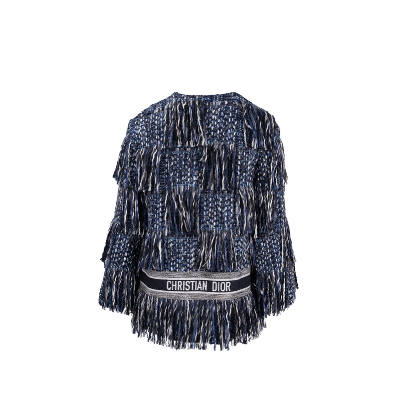 Dior Size 36 Embroidered Logo Fringe Tweed Coat Virgin Wool/Cotton Blue