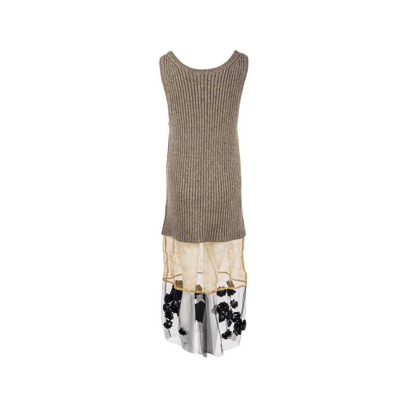Prada Size 38 Flower Dress Scheerwol Light Grey/Gold/Black