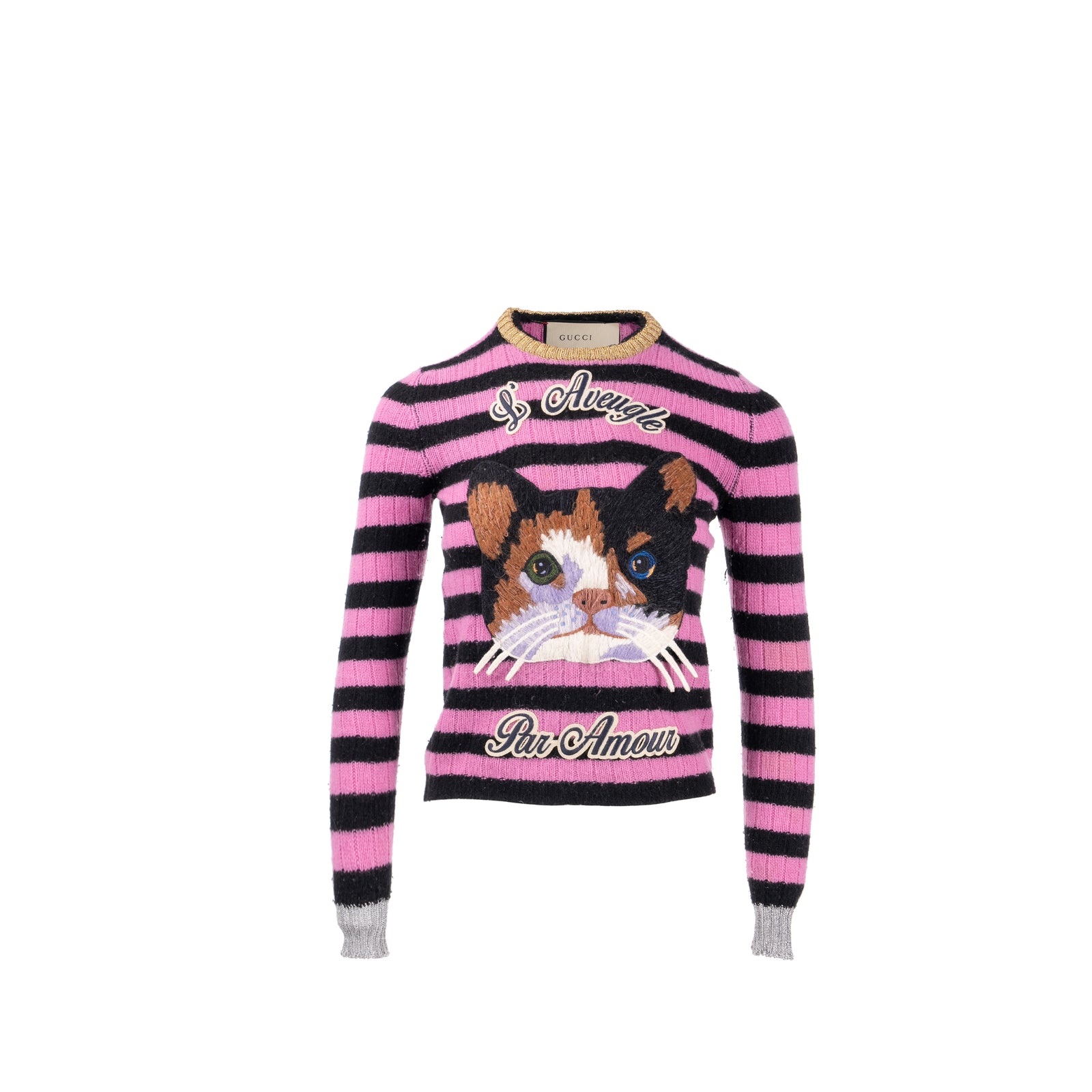 Gucci Size XXS Cat Striped Sweater Cashmere/Wool Pink/Black/Multicolou