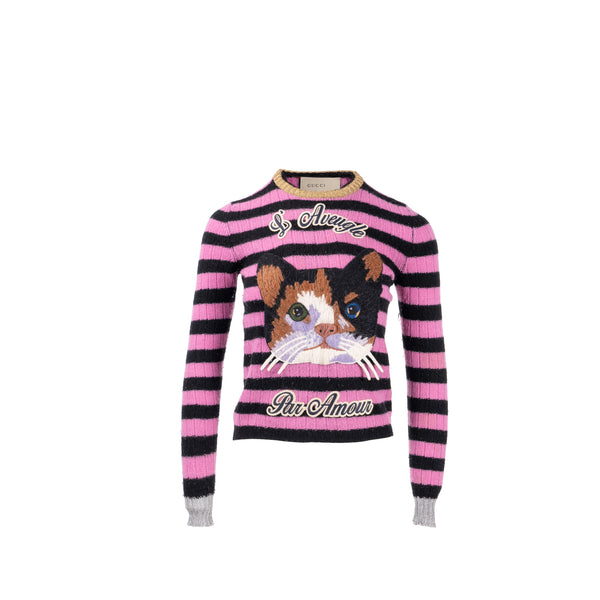 Gucci Size XXS Cat Striped Sweater Cashmere/Wool Pink/Black/Multicolour