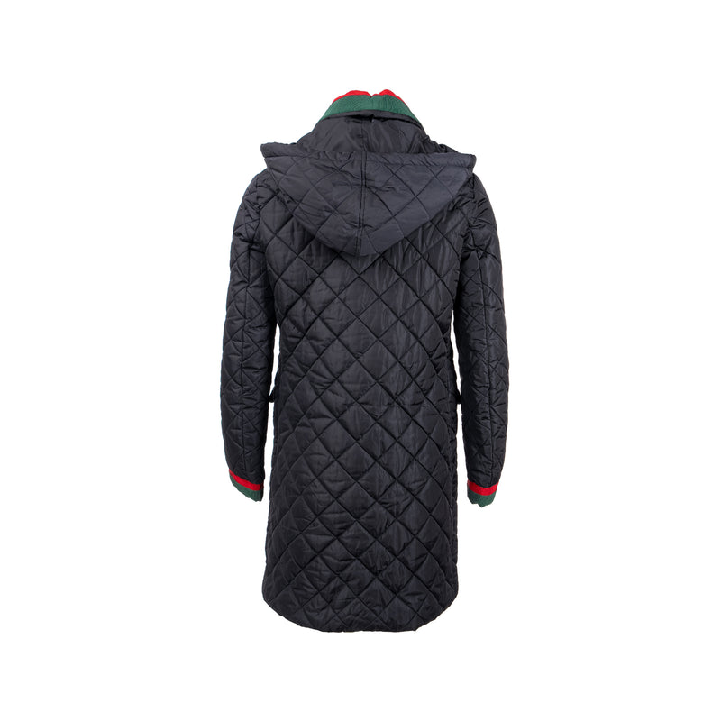 Gucci Size 42 Quilted Web Coat with Pearl Button Polyamide Black