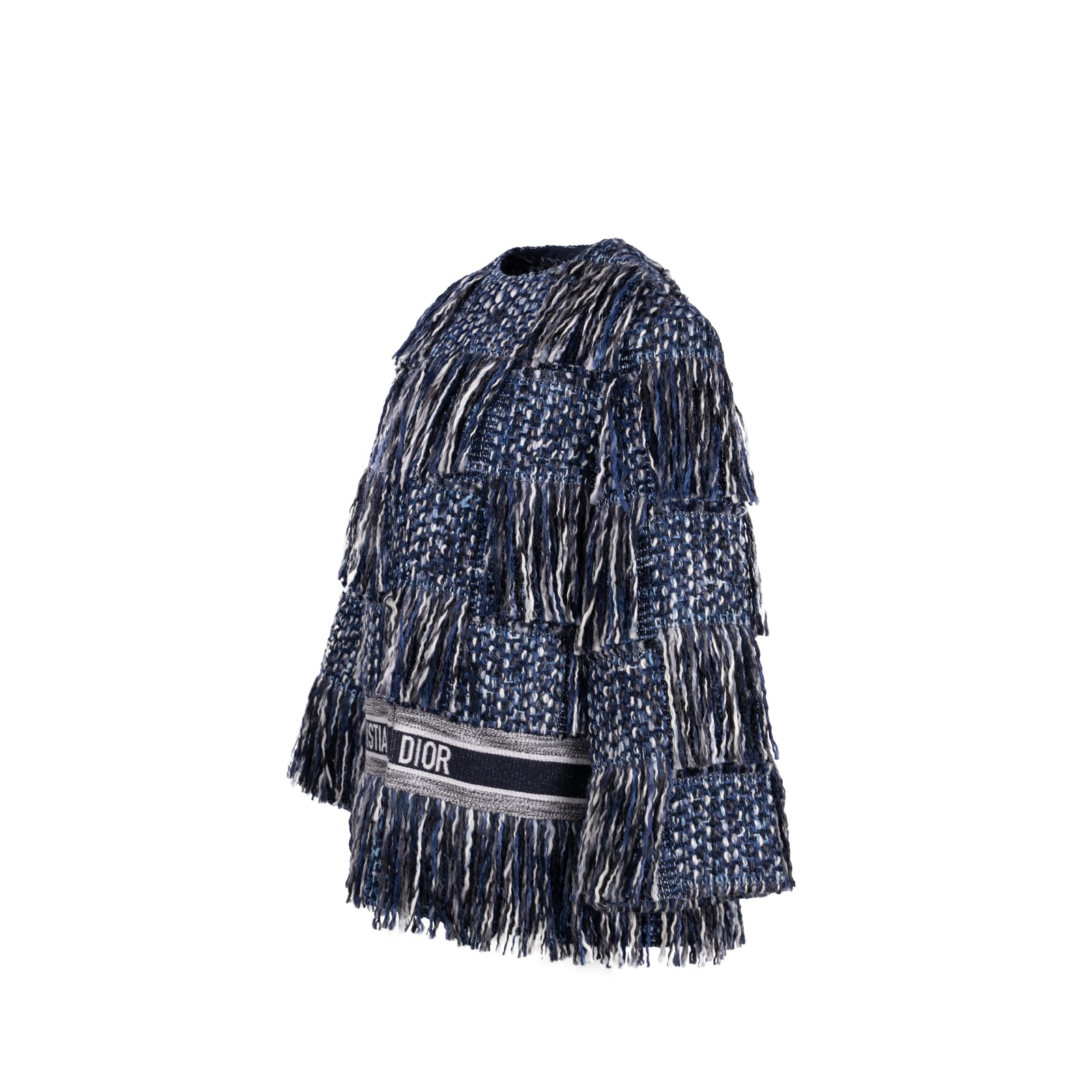 Christian Dior　ジャケット　ヘリンボーン　11　青　バイカラー Dior Size 36 Embroidered Logo Fringe Tweed Coat Virgin Wool/Cotton Blu