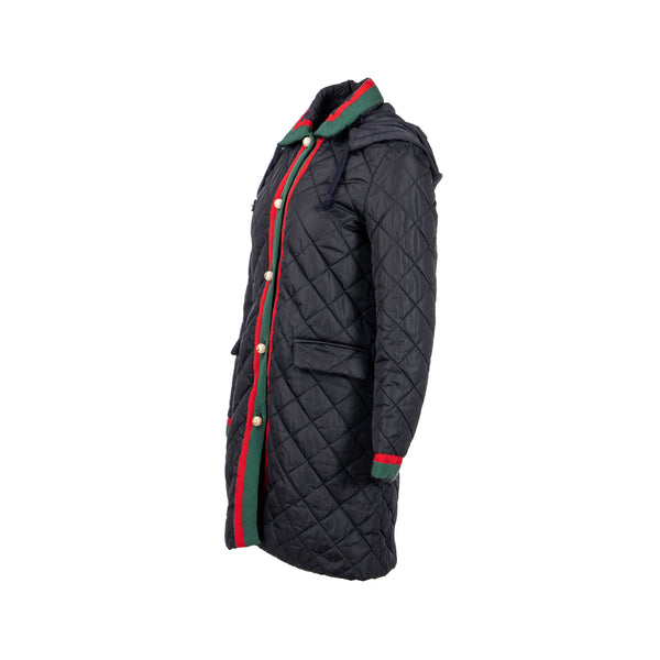 Gucci Size 42 Quilted Web Coat with Pearl Button Polyamide Black