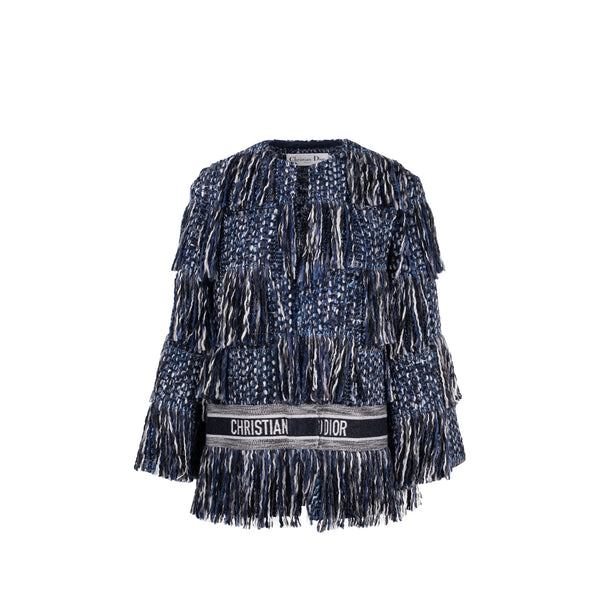 Dior Size 36 Embroidered Logo Fringe Tweed Coat Virgin Wool/Cotton Blue