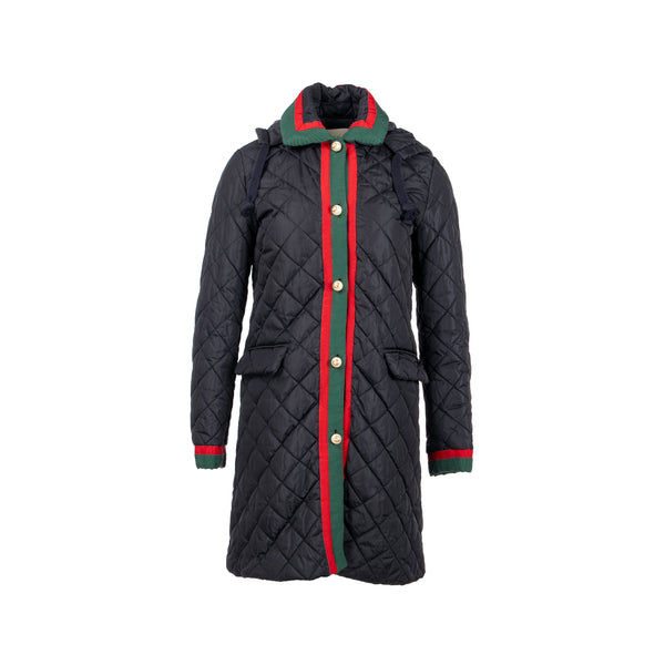 Gucci Size 42 Quilted Web Coat with Pearl Button Polyamide Black