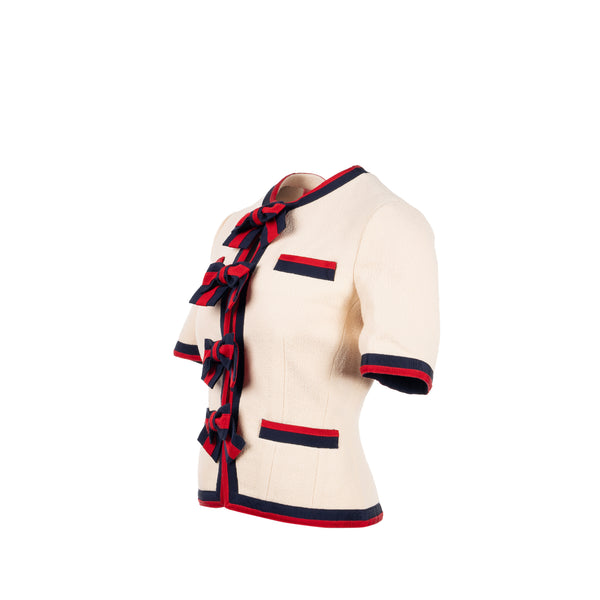 Gucci size 36 ribbon button mini jacket multicolour beige / navy/ red