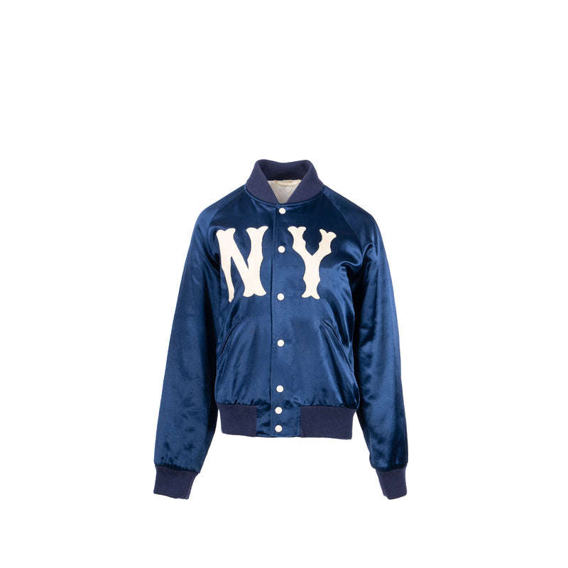 GUCCI Size 48 NY Yankees Bomber Jacket Satin Blue/White