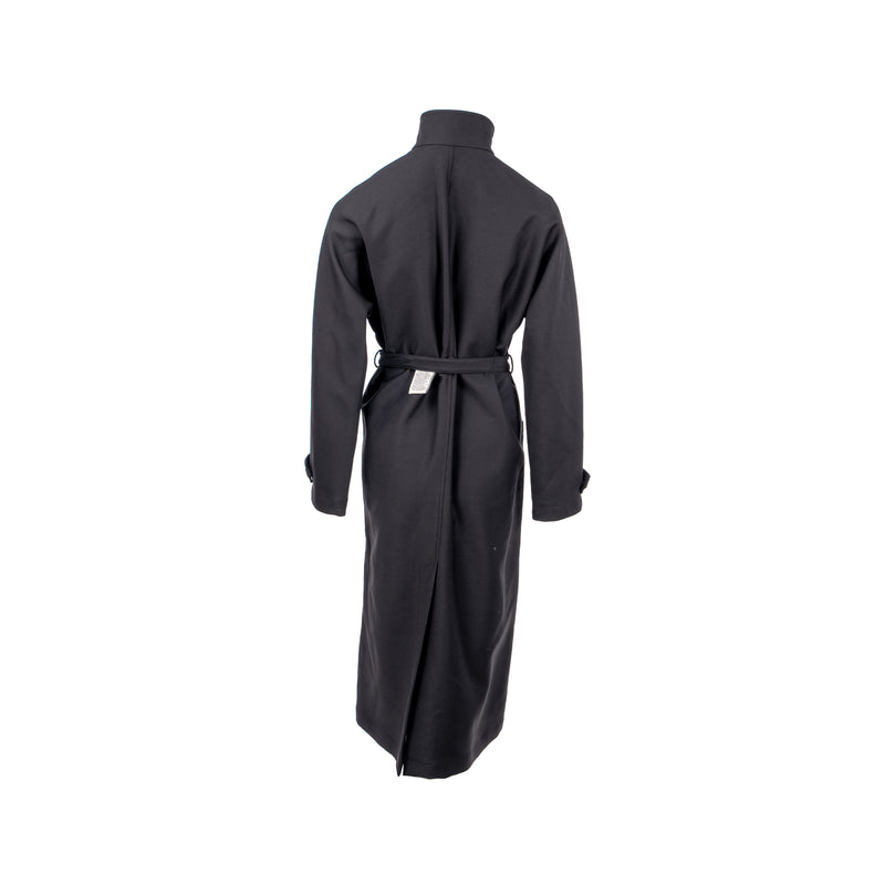 HERMES Size 36 Single-Breasted Long Coat With Belt Virgin Wool Black