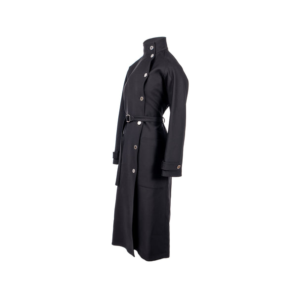 HERMES Size 36 Single-Breasted Long Coat With Belt Virgin Wool Black