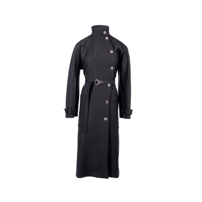 HERMES Size 36 Single-Breasted Long Coat With Belt Virgin Wool Black